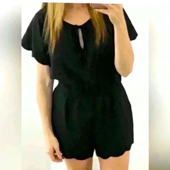 J. Crew Pants - J. Crew Scalloped Hem Romper Black Linen Blend Neck Tie Size XS Summer